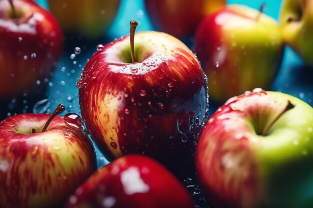 Foto primer plano de manzana salpicada con fondo de color