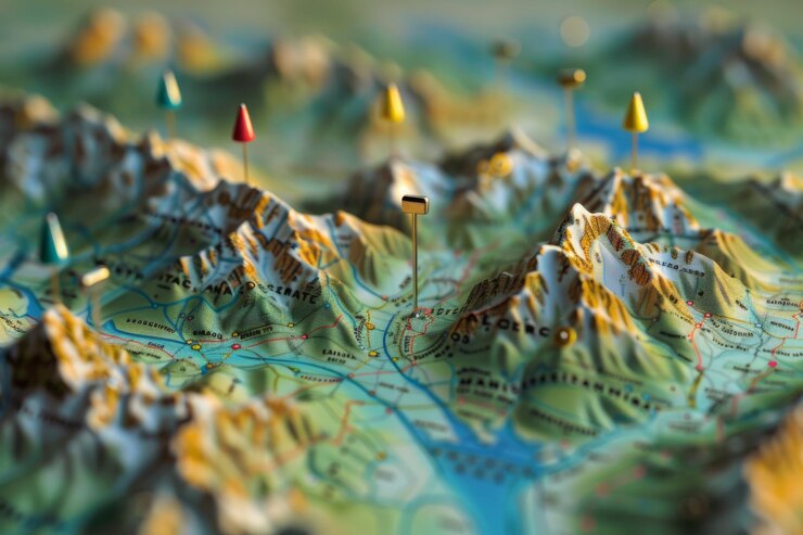 Primer plano de un mapa 3D con alfileres coloridos que marcan varias ubicaciones montañosas destacando la topografía detallada y las rutas de viaje