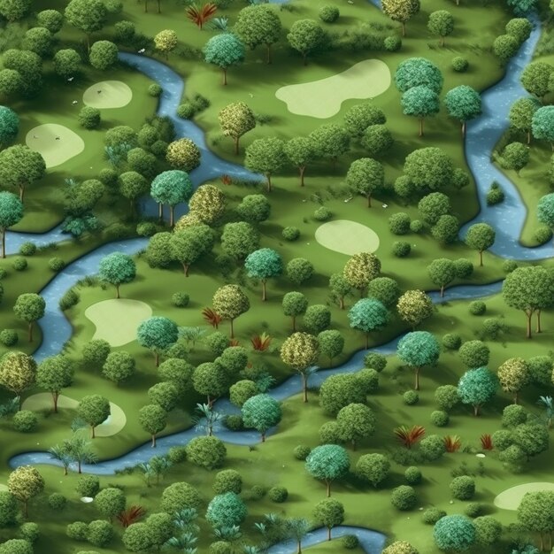 un primer plano de un mapa de un campo de golf con un río que lo atraviesa