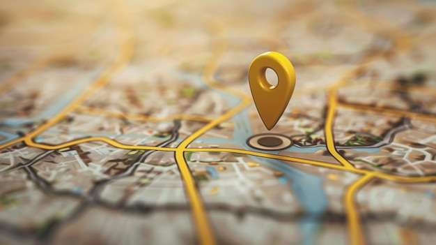 Un primer plano de un mapa de ciudad moderno limpio con un alfiler de marcador de ubicación amarillo El alfiler está colocado de manera prominente que significa una ubicación específica IA generativa