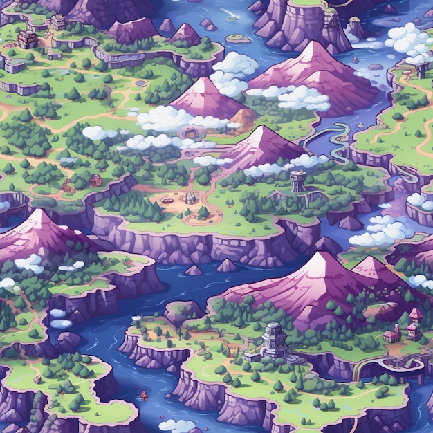 un primer plano de un mapa de dibujos animados de una zona montañosa ai generativa