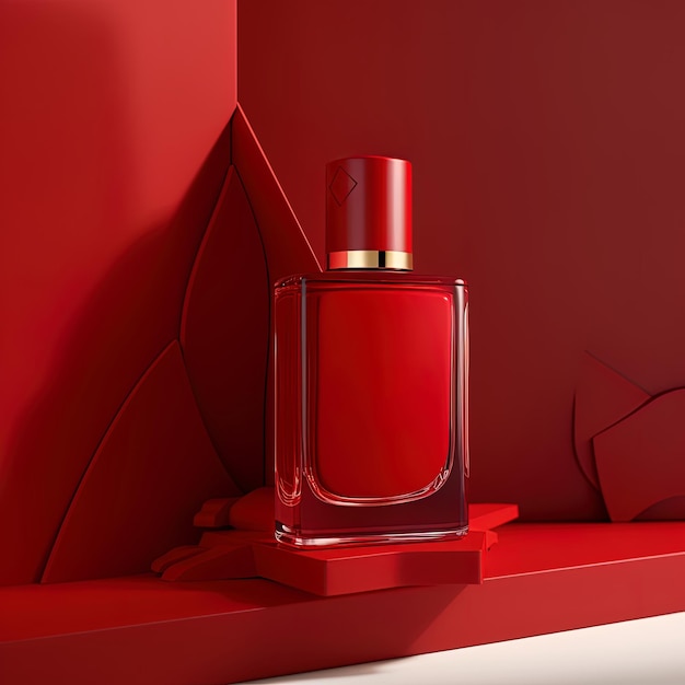Primer plano con maqueta de botella de perfume y fondo rojo abstracto Cosméticos de estilo de lujo
