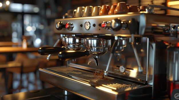 Primer plano de una máquina de café profesional con una superficie metálica brillante La máquina tiene dos filtros de porta y una varita de vapor