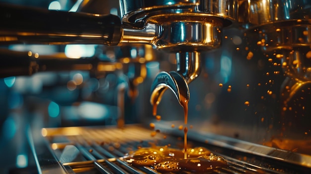 un primer plano de una máquina de café vertiendo café en una taza generativa ai