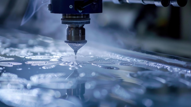Primer plano de una máquina CNC que realiza un corte de precisión en una superficie metálica que muestra tecnología industrial y procesos de fabricación avanzados