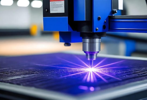 Foto primer plano de una máquina de corte por láser cnc con un haz de láser violeta azul grabando o cortando un material