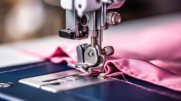 Un primer plano de una máquina de coser con un ai generativo de tela rosa