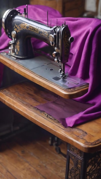 Un primer plano de una máquina de coser que trabaja con tela púrpura para coser ropa nueva