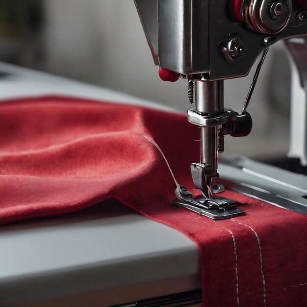 Un primer plano de una máquina de coser que trabaja con tela roja para coser ropa nueva