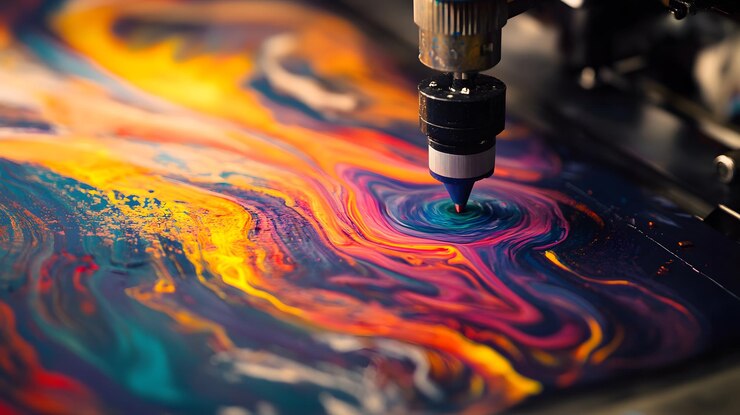 Un primer plano de una máquina dispensando un líquido colorido sobre un diseño abstracto giratorio