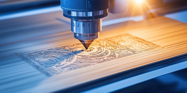 Foto un primer plano de una máquina de grabado por láser grabando un diseño intrincado en madera que muestra precisión y artesanía