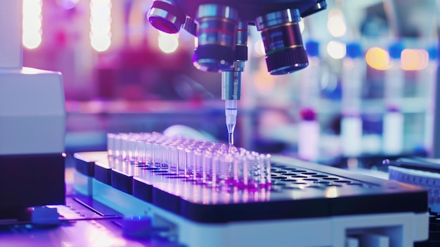 Primer plano de una máquina de laboratorio automatizada que maneja múltiples tubos de ensayo con un enfoque en equipos de precisión y un fondo vibrante que indica un entorno científico de alta tecnología