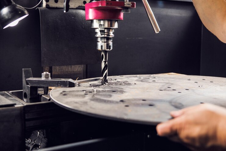 Foto primer plano de la máquina de perforación de metal perforación del agujero debajo del perno la perforación vertical hace agujeros en la parte metálica