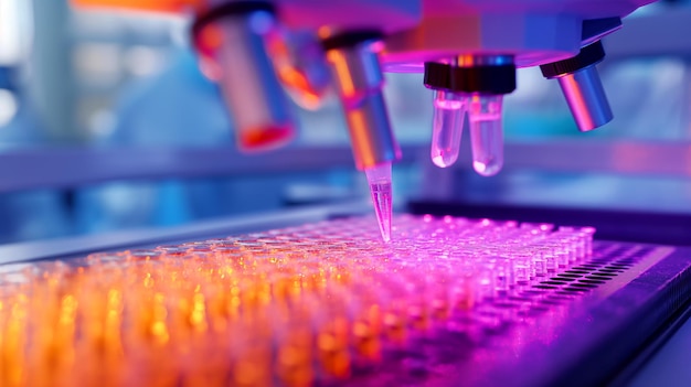 Primer plano de una máquina de pipetación automatizada que procesa múltiples muestras en un laboratorio de investigación genética con iluminación vibrante