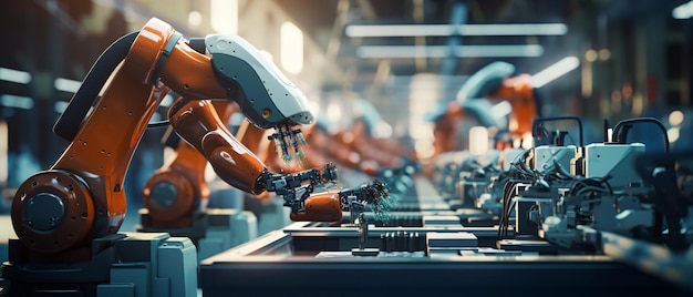 Primer plano de maquinaria de fábrica moderna usando una tableta para controlar el robot Tecnología para ayudar a trabajar para hacer que el negocio sea más rápido concepto IA generativa