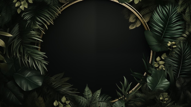 un primer plano de un marco circular rodeado de hojas verdes generativa ai