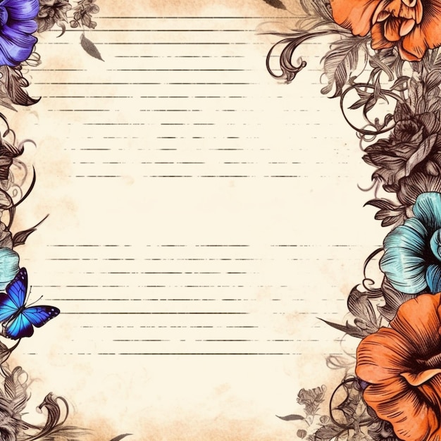 Foto un primer plano de un marco floral con mariposas y flores generativas ai