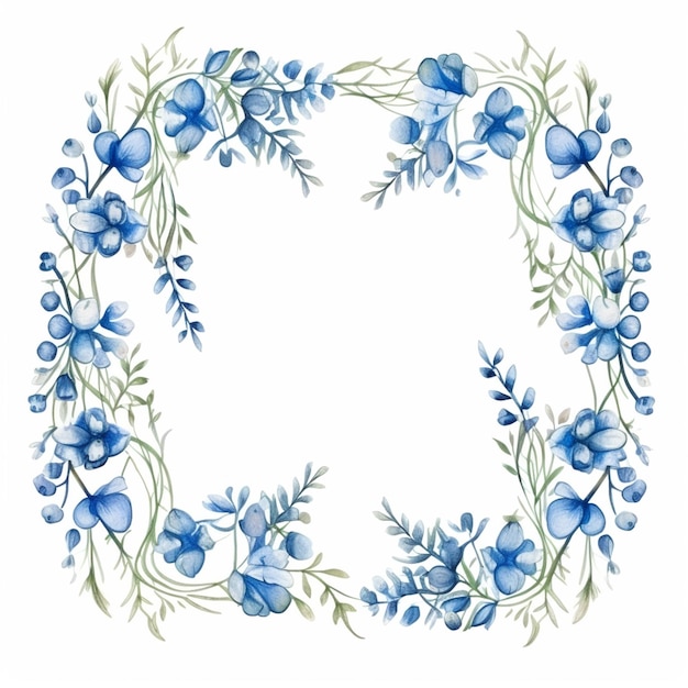 Foto un primer plano de un marco de flores azules con hojas y bayas generativas ai