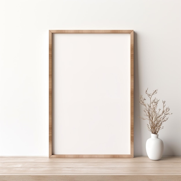 un primer plano de un marco de imagen en una mesa de madera con un jarrón generativo ai