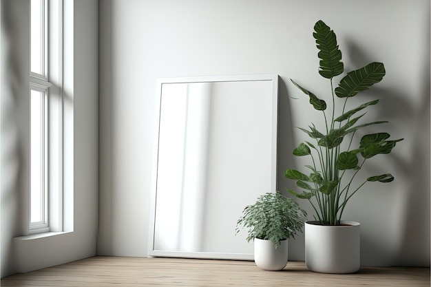 Primer plano en marcos de marcos simulados en blanco en una habitación interior luminosa con piso de madera y plantas caseras