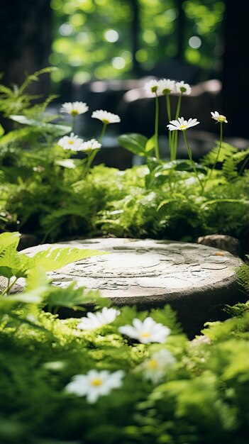 Foto un primer plano de margaritas y helechos en el bosque