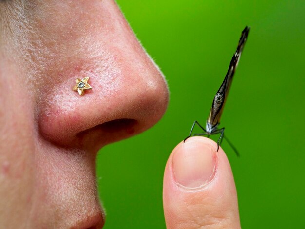 Primer plano de una mariposa de alas de vidrio Greta oto descansando en un dedo y la nariz en Vilcabamba, Ecuador