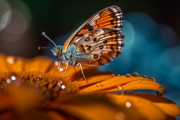 Primer plano de una mariposa en una flor gotas de lluvia IA generativa