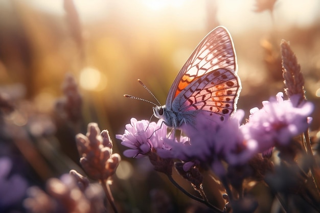 Primer plano de una mariposa en una flor IA generativa