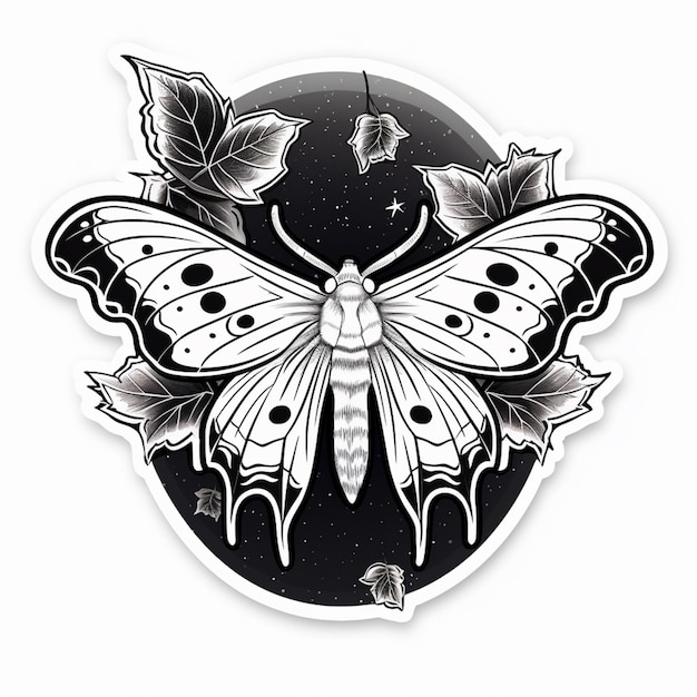 un primer plano de una mariposa con hojas en un fondo blanco y negro