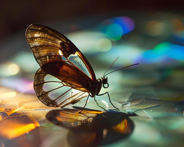 un primer plano de una mariposa en una mesa