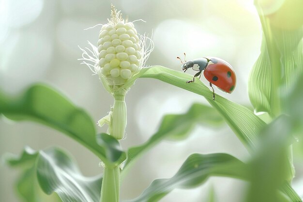 Un primer plano de una mariposa que se sube a una planta de maíz joven que destaca la agricultura ecológica