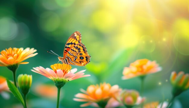 Primer plano de una mariposa vibrante en una flor en flor con un fondo borroso IA generativa