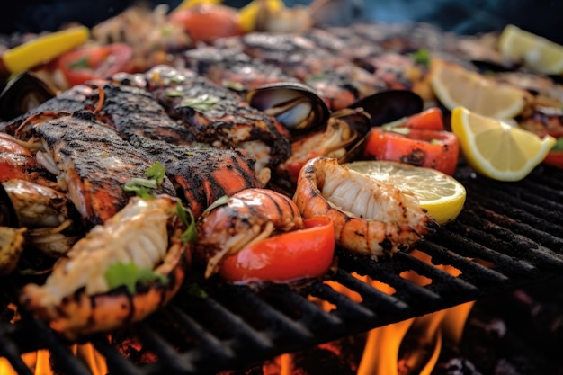 Primer plano de mariscos carbonizados en una parrilla a la orilla de la playa creada con IA generativa