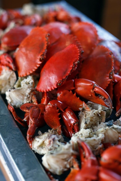 Primer plano de los mariscos en el contenedor