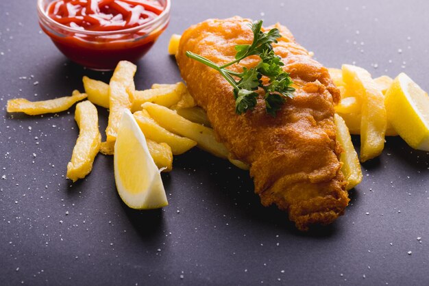 Foto primer plano de mariscos con papas fritas y salsa en la mesa, espacio para copiar