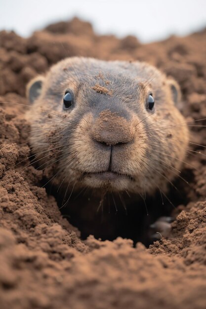 un primer plano de una marmota como aparece desde su madriguera en el Día de la Marmota