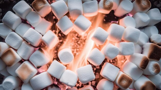 Foto un primer plano de marshmallows asados en una hoguera abierta