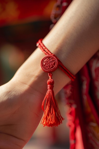 un primer plano de un Martisor atado a una muñeca