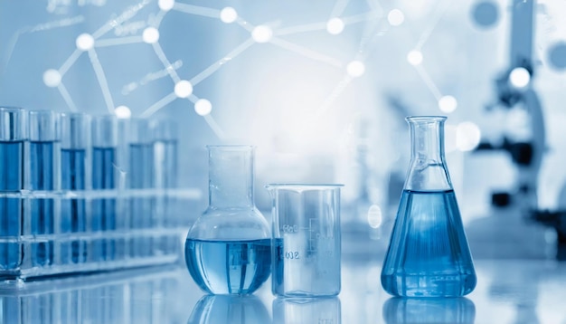 Primer plano de matraces de vidrio azul de pie con equipo de vidrio de laboratorio líquido