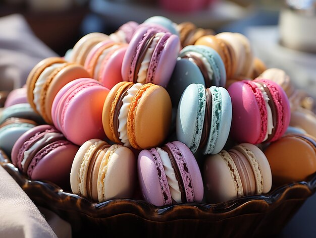 Un primer plano de matriz vibrante de coloridos macarons en una caja de presentación