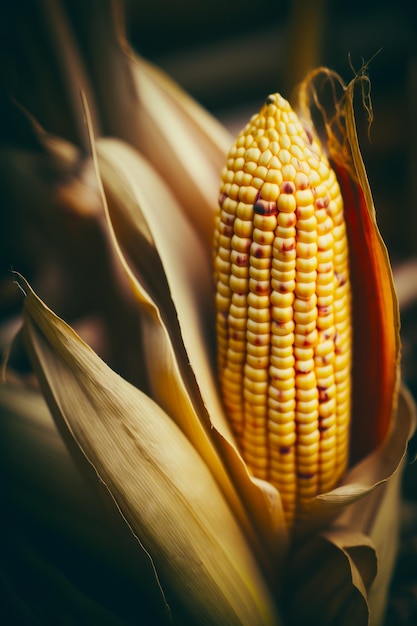 Primer plano de la mazorca de maíz con fondo borroso IA generativa