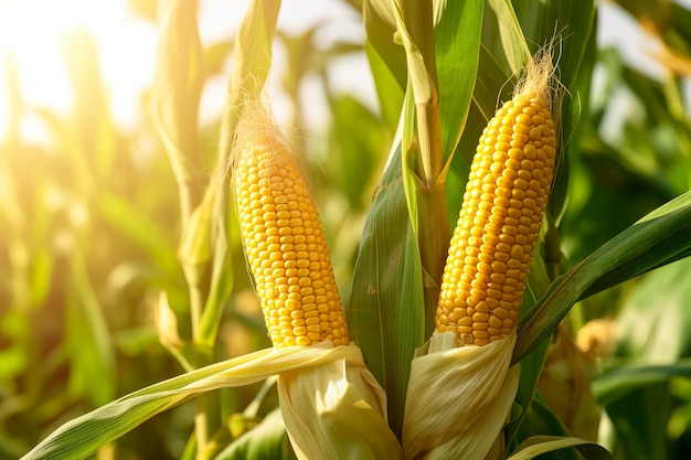 Primer plano de mazorcas de maíz en el campo de plantación de maíz AI generativa