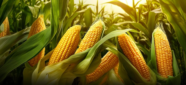 Primer plano de mazorcas de maíz en el campo de plantación de maíz AI generativa