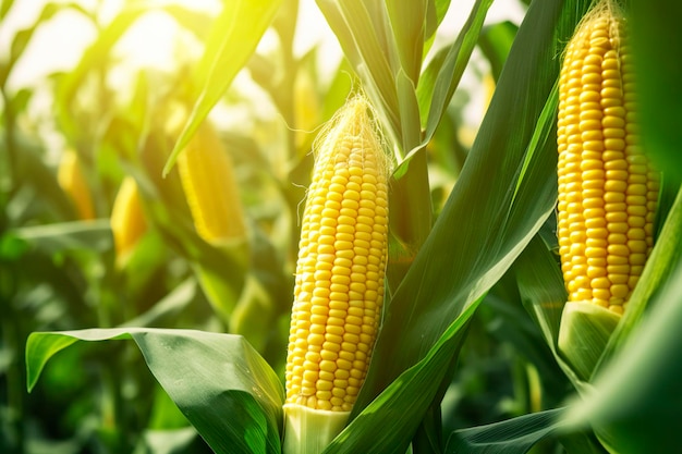 Primer plano de mazorcas de maíz en el campo de plantación de maíz AI generativa