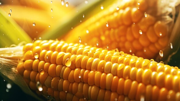 Foto primer plano de mazorcas de maíz frescas maduras con gotas de agua generadas por ia foco selectivo