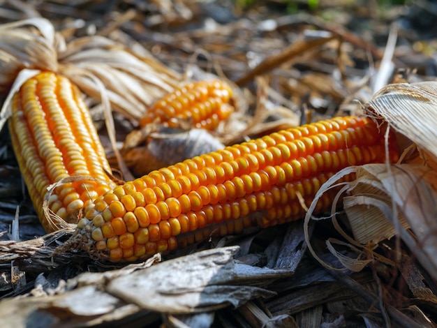 Foto primer plano de las mazorcas de maíz secas en las hojas secas de maíz después de la cosecha