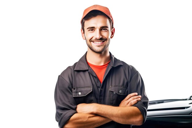 Primer plano de un mecánico de automóviles hombre sonriendo servicio exitoso fondo blanco aislado