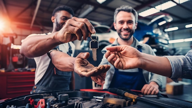 Primer plano de un mecánico dando las llaves del coche a su cliente en un taller