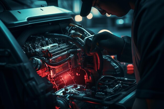 Primer plano de un mecánico trabajando en un coche eléctrico