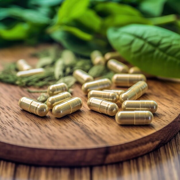 Foto primer plano de la medicina herbal en cápsulas de hojas de hierba en una mesa de madera alimentación saludable con productos naturales para una buena vida